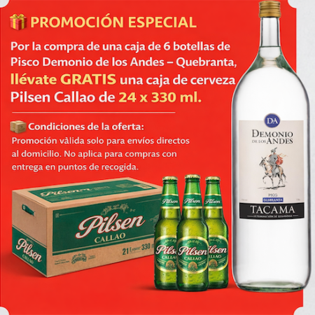 Pisco Demonio de los Andes Quebranta 6x2 lt + gratis 24 x 330 ml pilsen callao